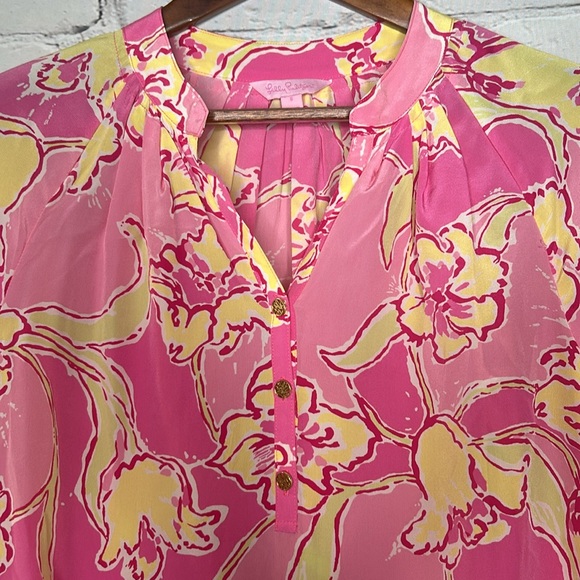 Lilly Pulitzer Pink & Yellow Long Sleeve Silk Top Size Small Excellent Condition - Picture 4 of 15